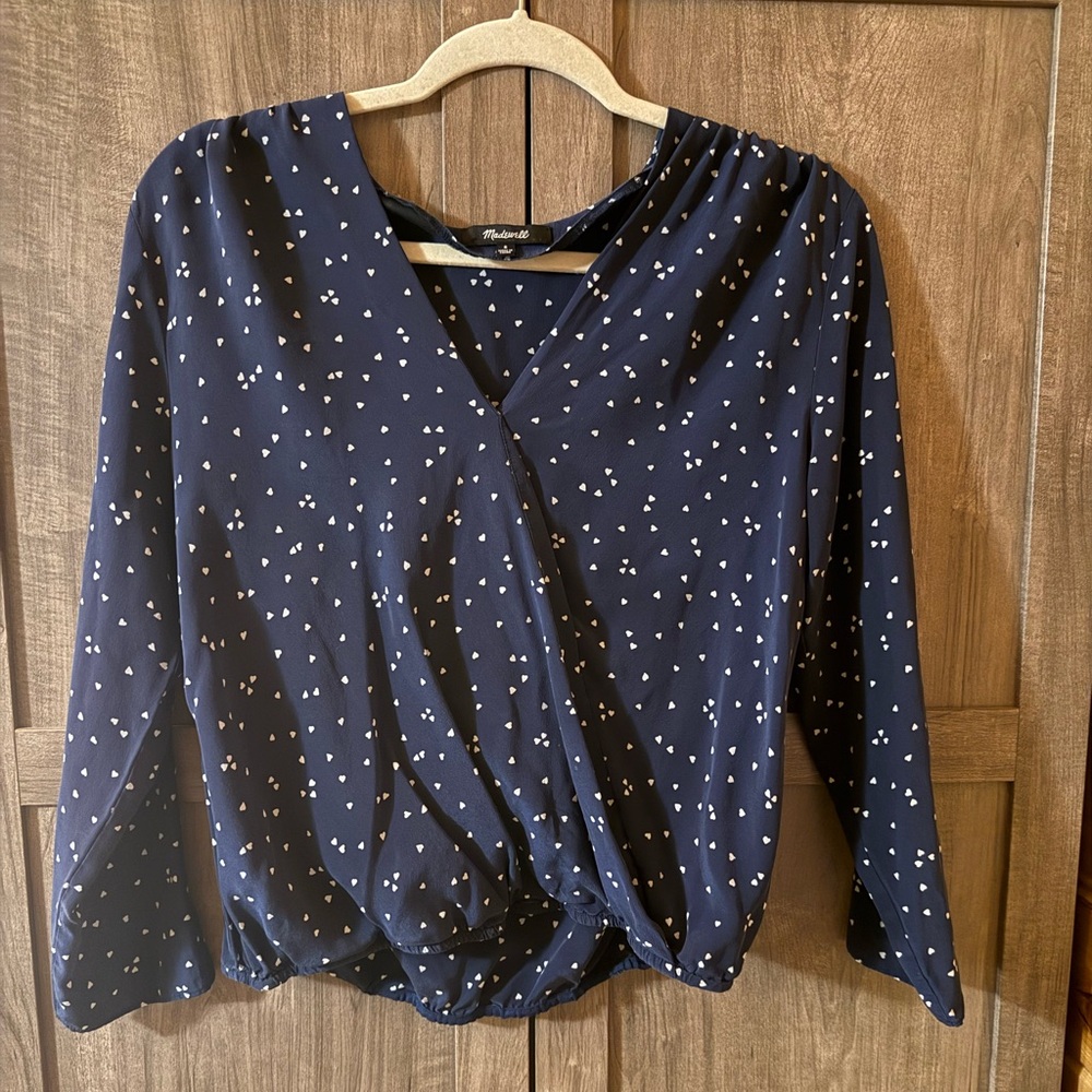 Madewell 100% silk Navy Blue Patterned Wrap Blouse